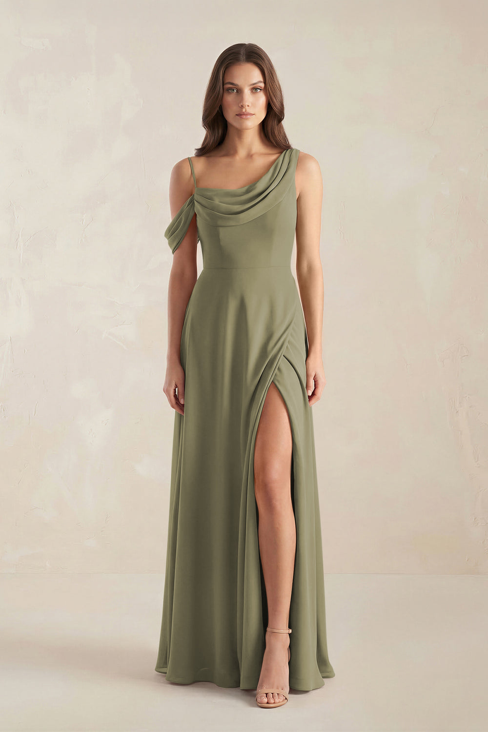 One-Shoulder Chiffon A-Line Bridesmaid Dress in Thyme