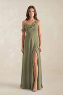 One-Shoulder Chiffon A-Line Bridesmaid Dress in Thyme | KISSBRIDAL