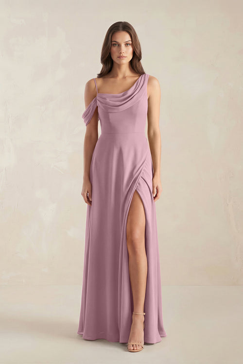 One-Shoulder Chiffon A-Line Bridesmaid Dress in Vintage Mauve | KISSBRIDAL