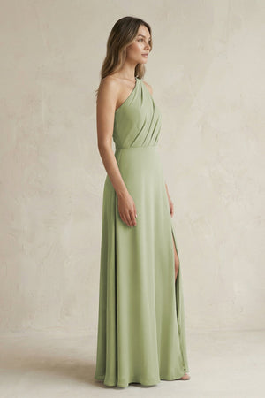 One-Shoulder Chiffon A-Line Bridesmaid Dress With Slit in Moss Green - KISS BRIDAL BRIDESMAID DRESSES