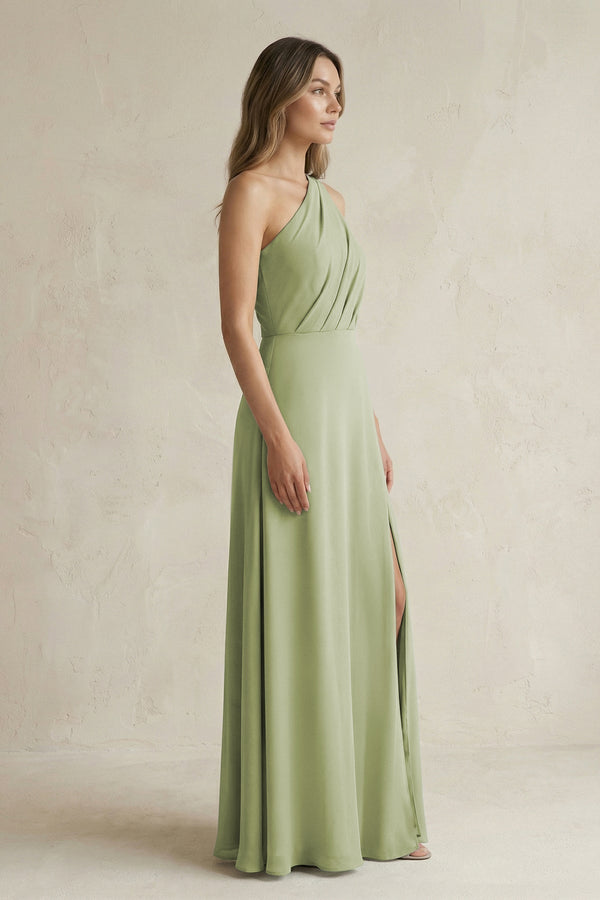 One-Shoulder Chiffon A-Line Bridesmaid Dress With Slit in Moss Green - KISS BRIDAL BRIDESMAID DRESSES