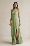 One-Shoulder Chiffon A-Line Bridesmaid Dress With Slit in Moss Green - KISS BRIDAL BRIDESMAID DRESSES