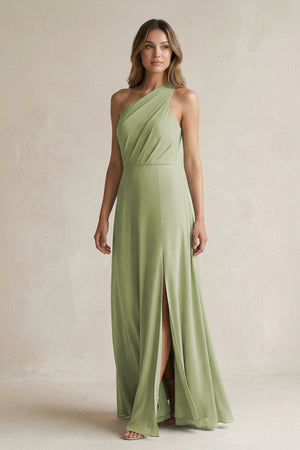 One-Shoulder Chiffon A-Line Bridesmaid Dress With Slit in Moss Green - KISS BRIDAL BRIDESMAID DRESSES