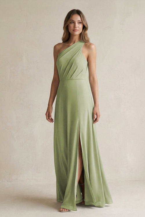 One-Shoulder Chiffon A-Line Bridesmaid Dress With Slit in Moss Green - KISS BRIDAL BRIDESMAID DRESSES