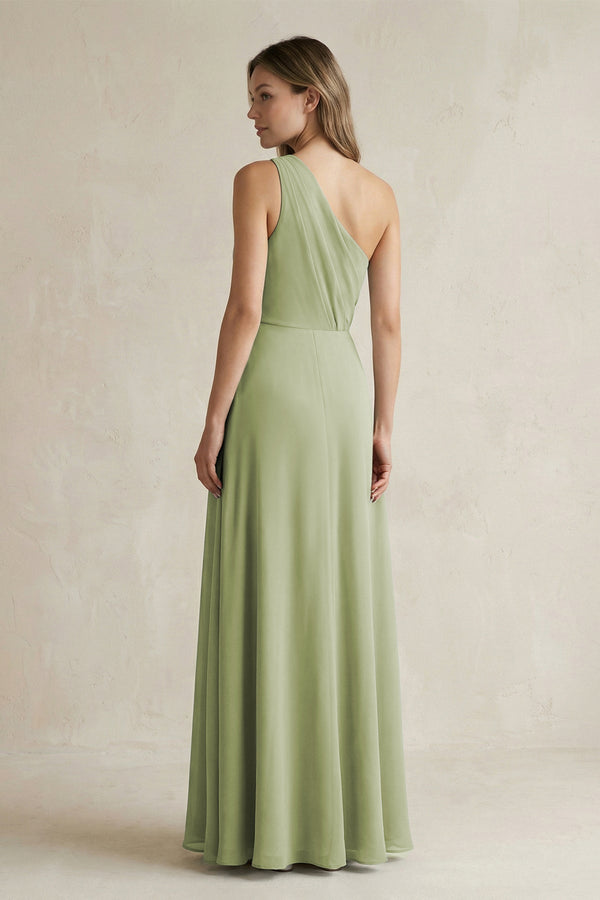 One-Shoulder Chiffon A-Line Bridesmaid Dress With Slit in Moss Green - KISS BRIDAL BRIDESMAID DRESSES