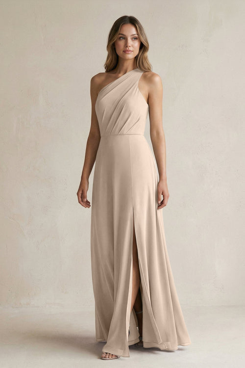 One-Shoulder Chiffon A-Line Bridesmaid Dress With Slit in Almond - SHE IS ME BRIDESMAID DRESSES