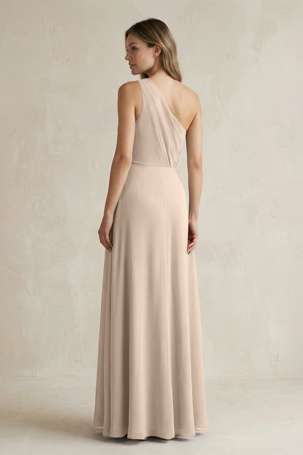 One-Shoulder Chiffon A-Line Bridesmaid Dress With Slit in Almond - KISS BRIDAL BRIDESMAID DRESSES