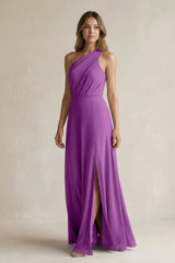 One-Shoulder Chiffon A-Line Bridesmaid Dress With Slit in Amethyst - KISS BRIDAL BRIDESMAID DRESSES