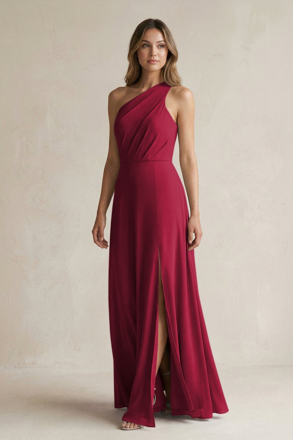 One-Shoulder Chiffon A-Line Bridesmaid Dress With Slit in Berry - KISS BRIDAL BRIDESMAID DRESSES