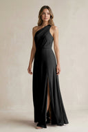 One-Shoulder Chiffon A-Line Bridesmaid Dress With Slit in Black - SHE IS ME BRIDESMAID DRESSES
