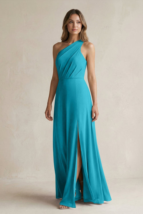 One-Shoulder Chiffon A-Line Bridesmaid Dress With Slit in Blue Jay - SHE IS ME BRIDESMAID DRESSES