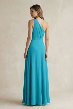 One-Shoulder Chiffon A-Line Bridesmaid Dress With Slit in Blue Jay - SHE IS ME BRIDESMAID DRESSES