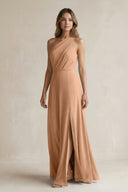 One-Shoulder Chiffon A-Line Bridesmaid Dress With Slit in Bronzer - SHE IS ME BRIDESMAID DRESSES
