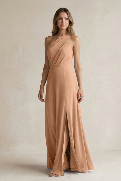 One-Shoulder Chiffon A-Line Bridesmaid Dress With Slit in Bronzer - SHE IS ME BRIDESMAID DRESSES
