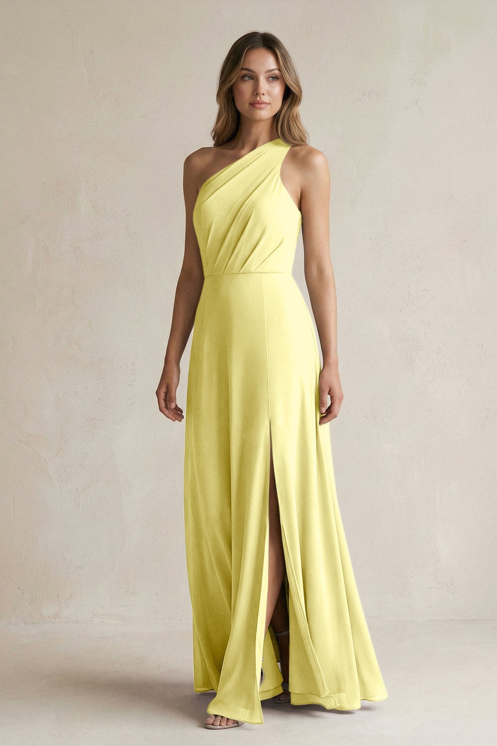 One-Shoulder Chiffon A-Line Bridesmaid Dress With Slit in Buttercup - KISS BRIDAL BRIDESMAID DRESSES