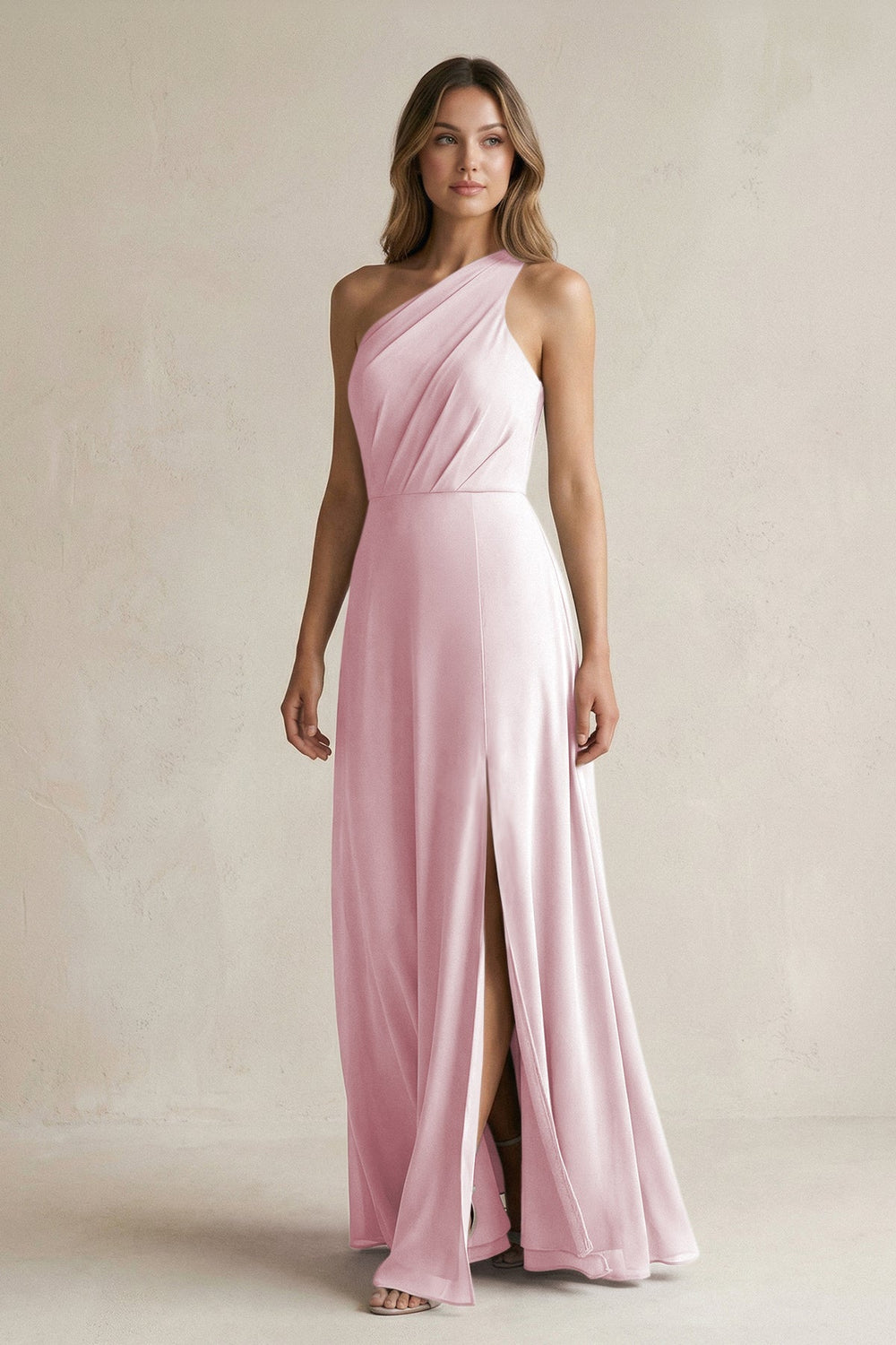 One-Shoulder Chiffon A-Line Bridesmaid Dress With Slit in Candy Pink - KISS BRIDAL BRIDESMAID DRESSES