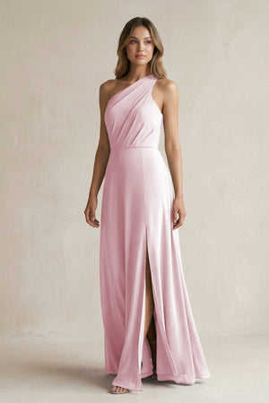 One-Shoulder Chiffon A-Line Bridesmaid Dress With Slit in Candy Pink - SHE IS ME BRIDESMAID DRESSES