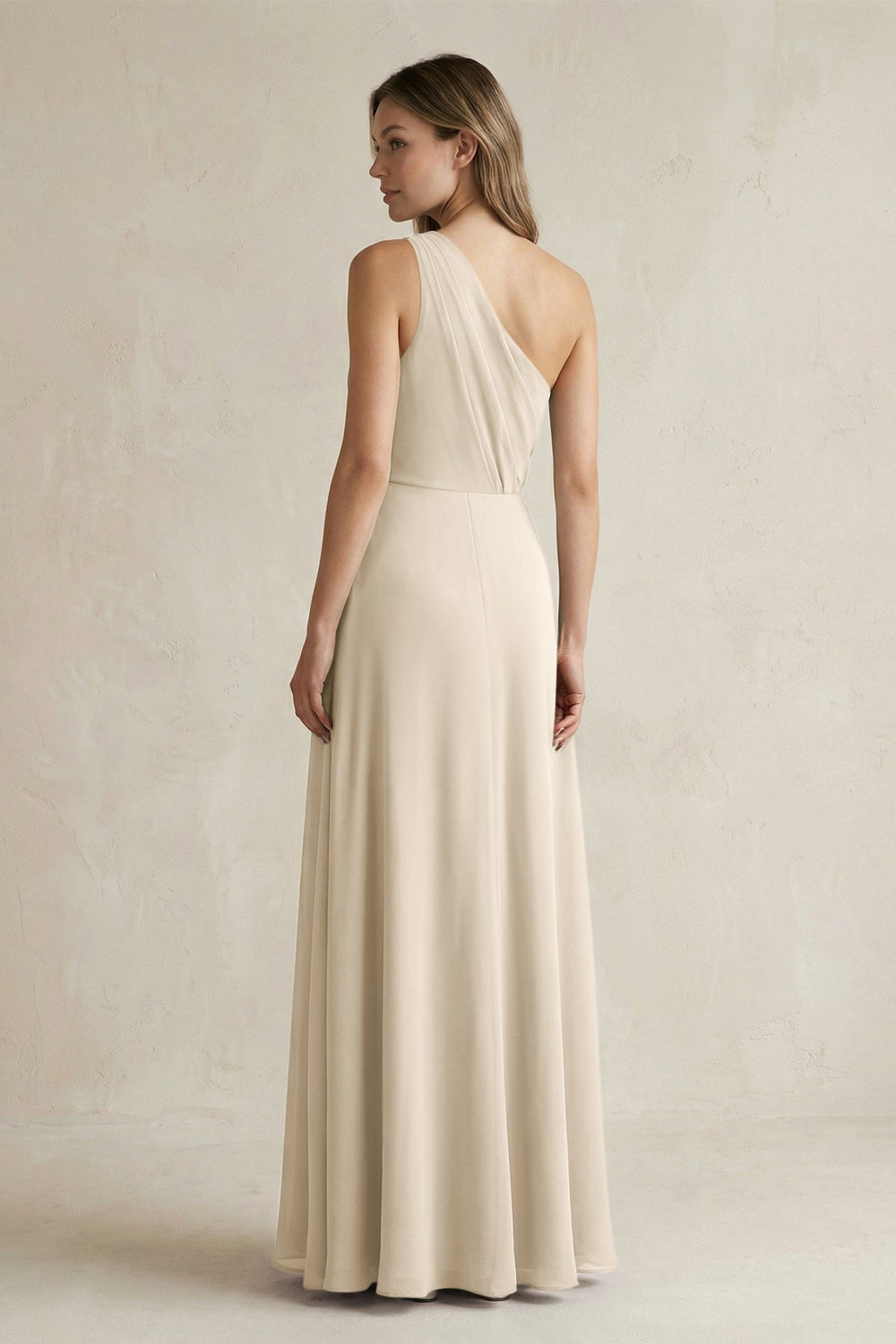 One-Shoulder Chiffon A-Line Bridesmaid Dress With Slit in Champagne - KISS BRIDAL BRIDESMAID DRESSES