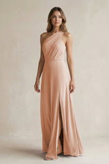 One-Shoulder Chiffon A-Line Bridesmaid Dress With Slit in Champagne Rose - KISS BRIDAL BRIDESMAID DRESSES