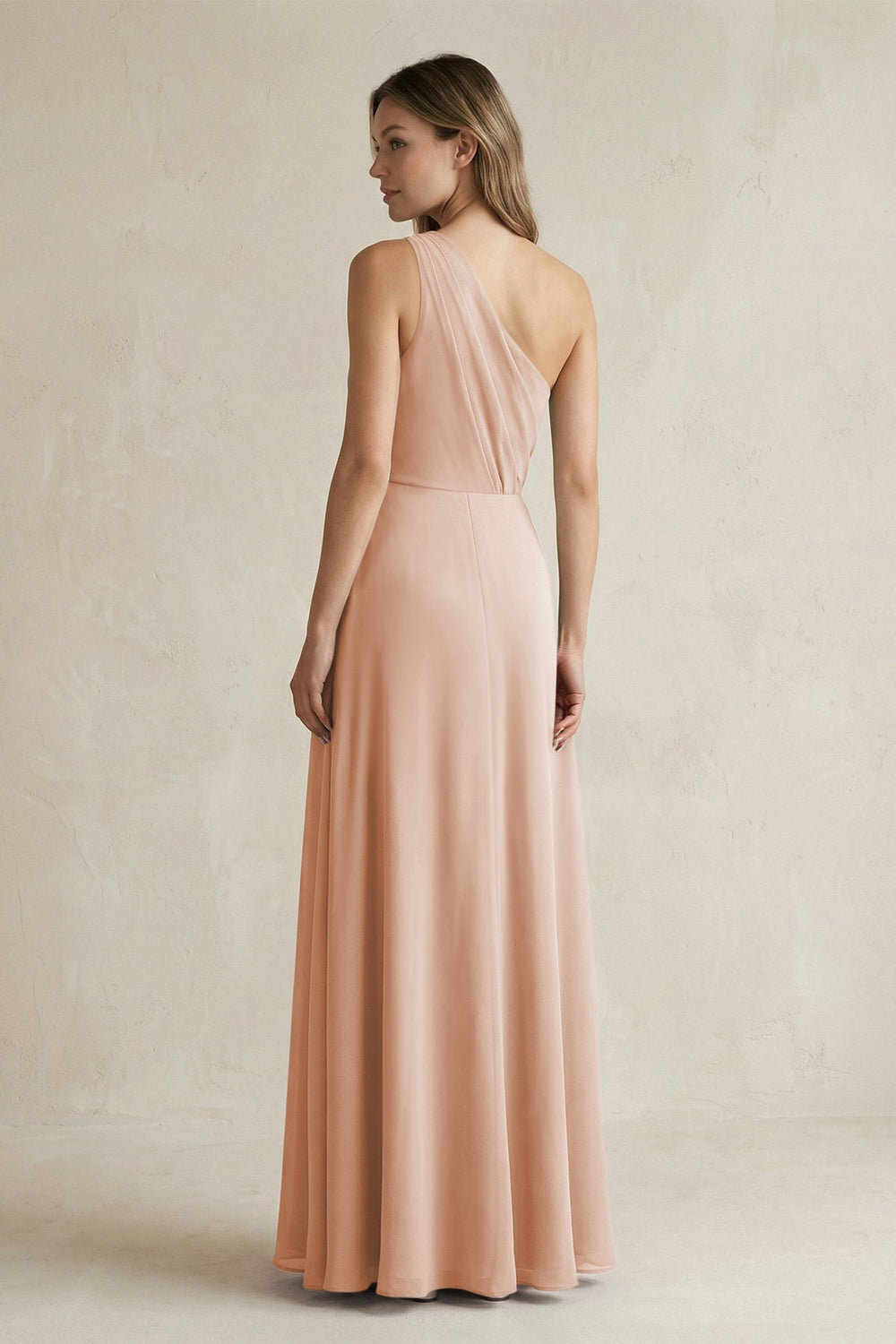 One-Shoulder Chiffon A-Line Bridesmaid Dress With Slit in Champagne Rose - KISS BRIDAL BRIDESMAID DRESSES