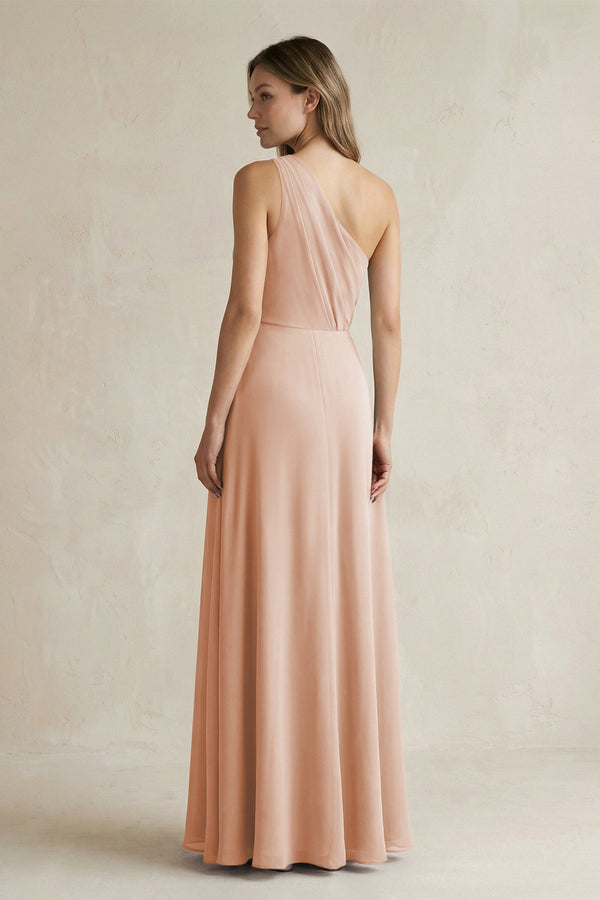 One-Shoulder Chiffon A-Line Bridesmaid Dress With Slit in Champagne Rose - SHE IS ME BRIDESMAID DRESSES