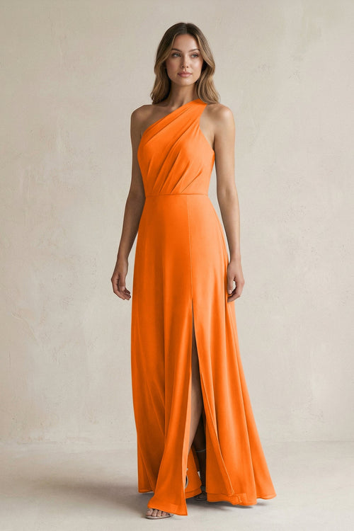 One-Shoulder Chiffon A-Line Bridesmaid Dress With Slit in Cinnamon - SHE IS ME BRIDESMAID DRESSES