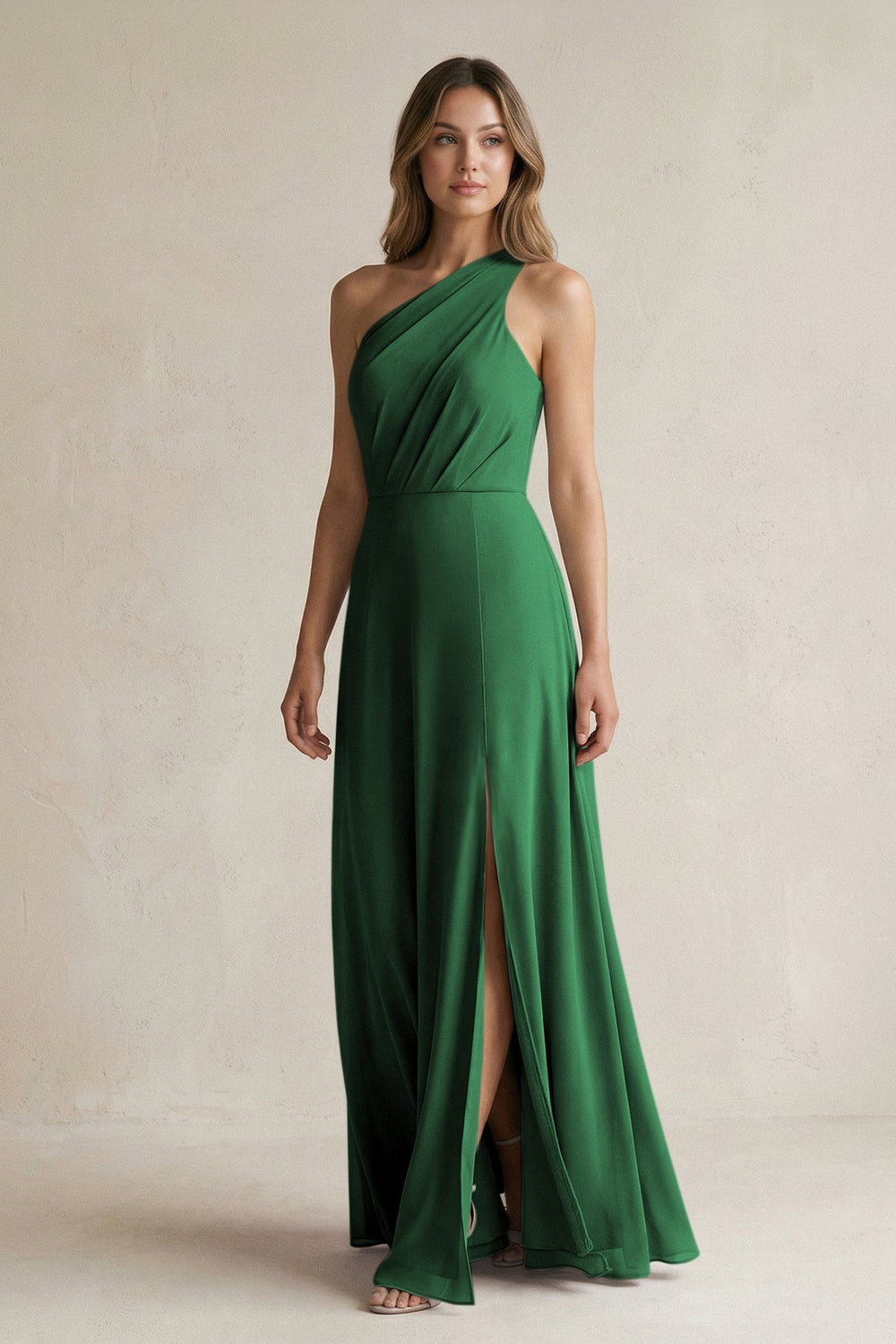 One-Shoulder Chiffon A-Line Bridesmaid Dress With Slit in Dark Green - KISS BRIDAL BRIDESMAID DRESSES