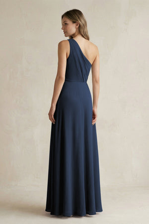 One-Shoulder Chiffon A-Line Bridesmaid Dress With Slit in Dark Navy - SHE IS ME BRIDESMAID DRESSES