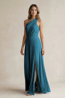 One-Shoulder Chiffon A-Line Bridesmaid Dress With Slit in Dark Teal - SHE IS ME BRIDESMAID DRESSES