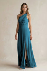 One-Shoulder Chiffon A-Line Bridesmaid Dress With Slit in Dark Teal - KISS BRIDAL BRIDESMAID DRESSES