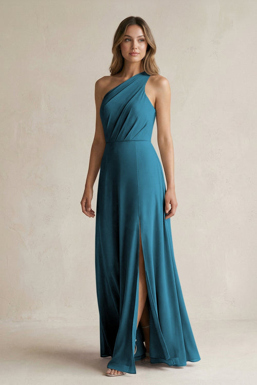 One-Shoulder Chiffon A-Line Bridesmaid Dress With Slit in Dark Teal - SHE IS ME BRIDESMAID DRESSES