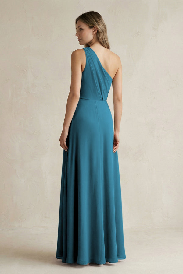 One-Shoulder Chiffon A-Line Bridesmaid Dress With Slit in Dark Teal - SHE IS ME BRIDESMAID DRESSES