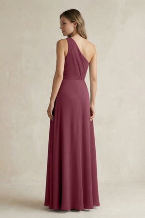One-Shoulder Chiffon A-Line Bridesmaid Dress With Slit in Desert Rose (2) | KISSBRIDAL