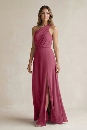 One-Shoulder Chiffon A-Line Bridesmaid Dress With Slit in Desert Rose - SHE IS ME BRIDESMAID DRESSES