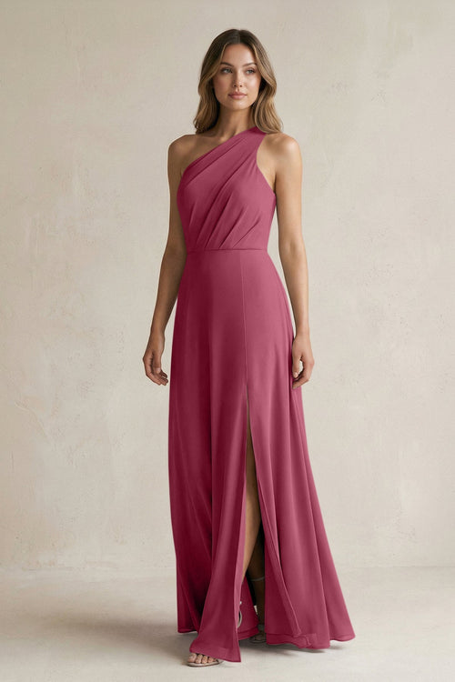 One-Shoulder Chiffon A-Line Bridesmaid Dress With Slit in Desert Rose - SHE IS ME BRIDESMAID DRESSES