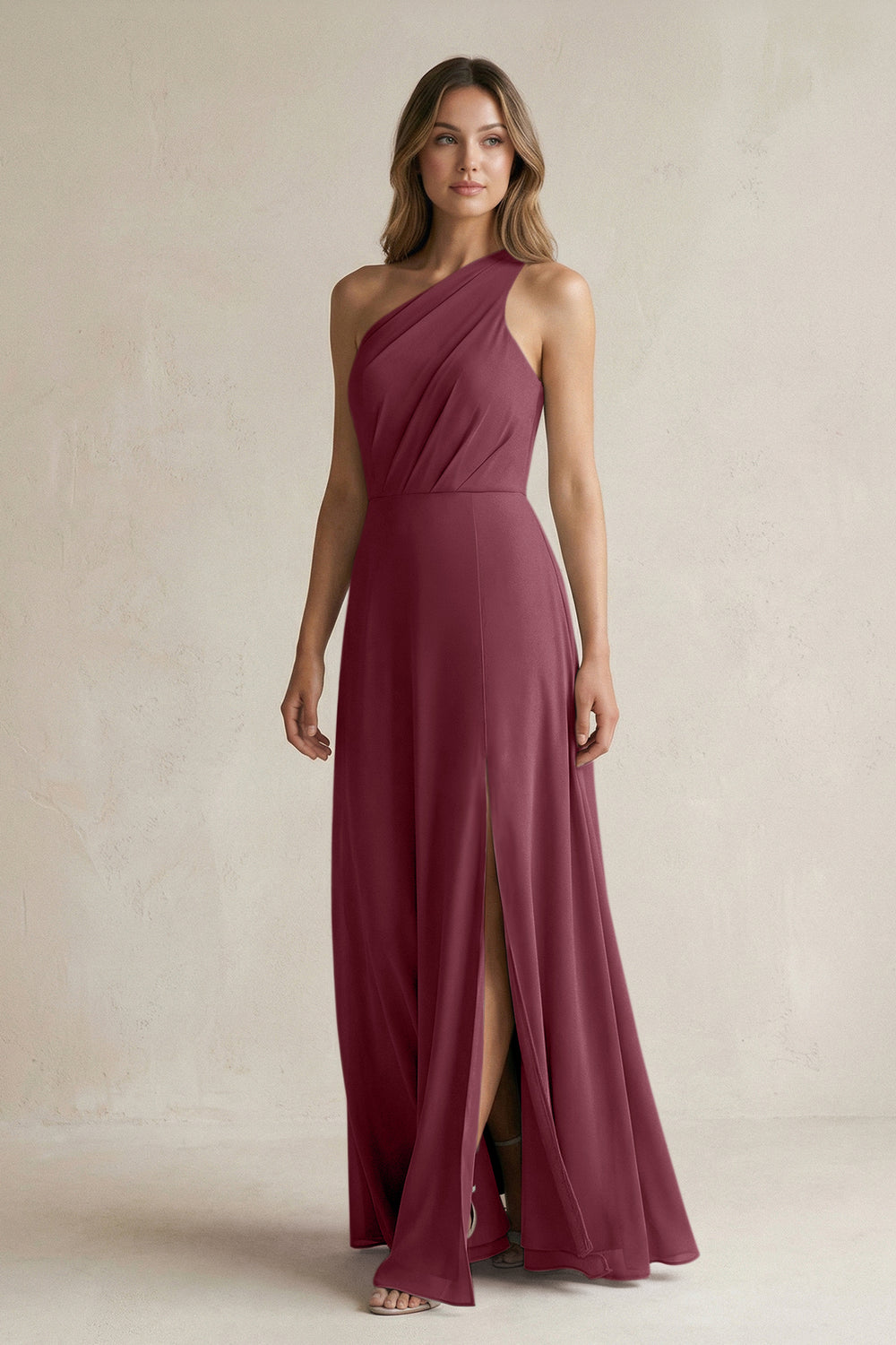 One-Shoulder Chiffon A-Line Bridesmaid Dress With Slit in Desert Rose