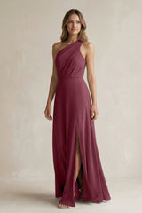One-Shoulder Chiffon A-Line Bridesmaid Dress With Slit in Desert Rose | KISSBRIDAL