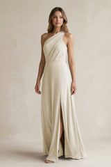 One-Shoulder Chiffon A-Line Bridesmaid Dress With Slit in Dove Gray - KISS BRIDAL BRIDESMAID DRESSES