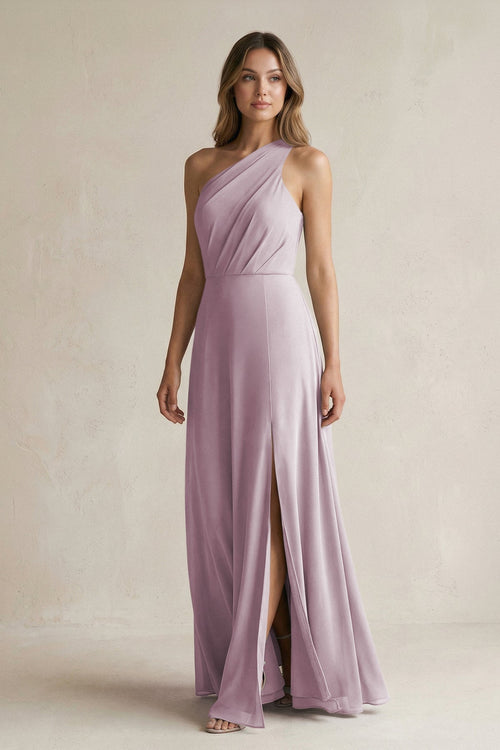 One-Shoulder Chiffon A-Line Bridesmaid Dress With Slit in Dusk - SHE IS ME BRIDESMAID DRESSES