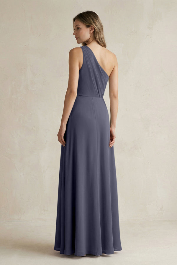 One-Shoulder Chiffon A-Line Bridesmaid Dress With Slit in Dusk Blue - SHE IS ME BRIDESMAID DRESSES