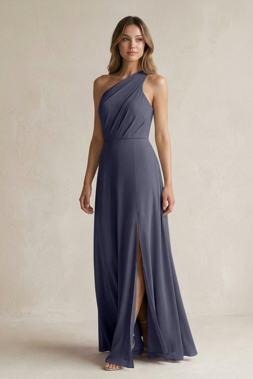 One-Shoulder Chiffon A-Line Bridesmaid Dress With Slit in Dusk Blue - SHE IS ME BRIDESMAID DRESSES