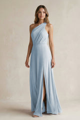 One-Shoulder Chiffon A-Line Bridesmaid Dress With Slit in Dusty Blue - KISS BRIDAL BRIDESMAID DRESSES