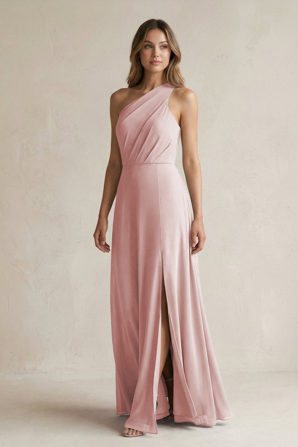 One-Shoulder Chiffon A-Line Bridesmaid Dress With Slit in Dusty Rose - KISS BRIDAL BRIDESMAID DRESSES