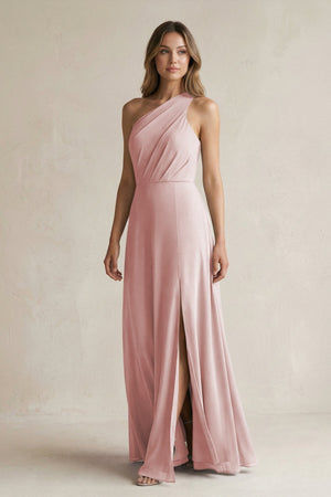 One-Shoulder Chiffon A-Line Bridesmaid Dress With Slit in Dusty Rose - SHE IS ME BRIDESMAID DRESSES