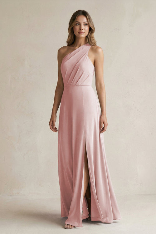 One-Shoulder Chiffon A-Line Bridesmaid Dress With Slit in Dusty Rose - SHE IS ME BRIDESMAID DRESSES
