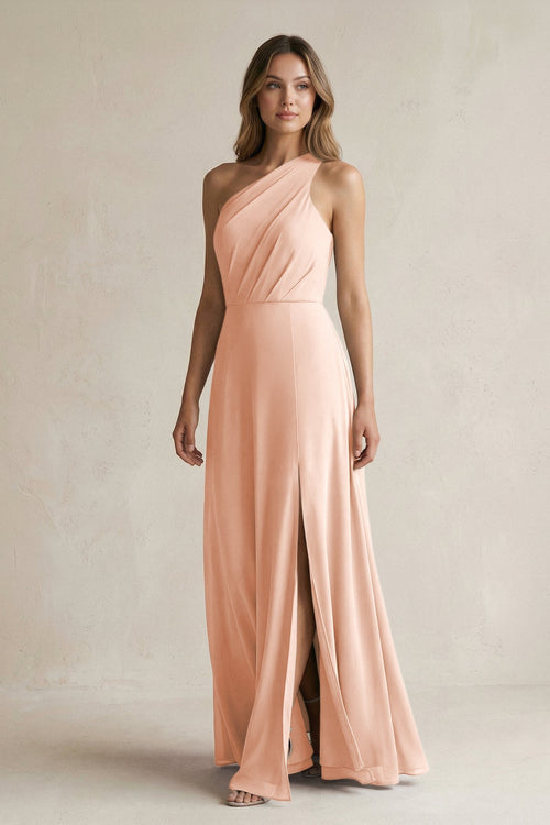 One-Shoulder Chiffon A-Line Bridesmaid Dress With Slit in English Rose - SHE IS ME BRIDESMAID DRESSES
