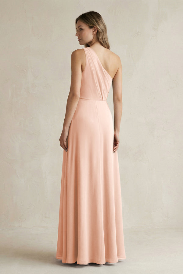 One-Shoulder Chiffon A-Line Bridesmaid Dress With Slit in English Rose - SHE IS ME BRIDESMAID DRESSES