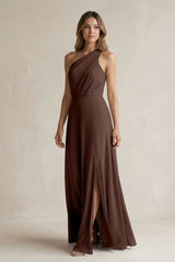 One-Shoulder Chiffon A-Line Bridesmaid Dress With Slit in Espresso - KISS BRIDAL BRIDESMAID DRESSES
