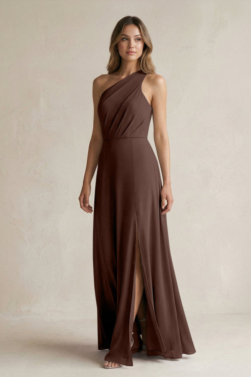 One-Shoulder Chiffon A-Line Bridesmaid Dress With Slit in Espresso - SHE IS ME BRIDESMAID DRESSES