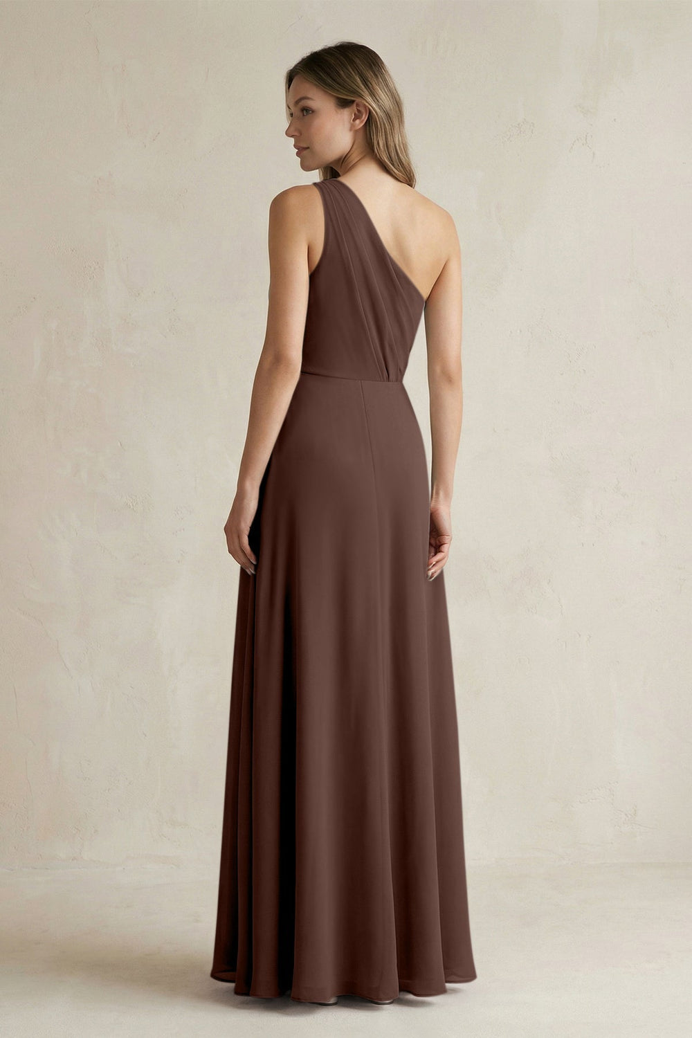 One-Shoulder Chiffon A-Line Bridesmaid Dress With Slit in Espresso - KISS BRIDAL BRIDESMAID DRESSES